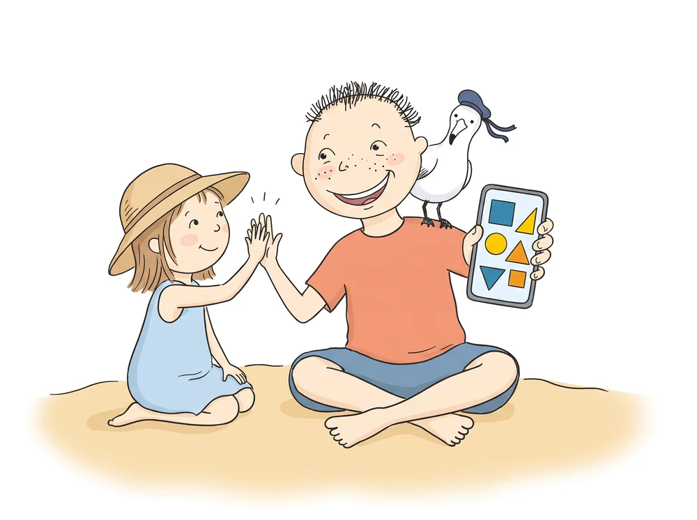 Gezeichnet: Der Junge aus dem Logo hält ein Handy hoch, die Möwe sitzt auf seiner Schulter, ein Mädchen klatscht ihn ab.