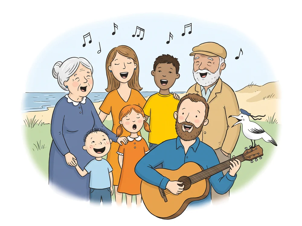 Gezeichnet: Oma, Mutter, Kinder und Opa singen, vorne spielt der Chorleiter Gitarre, auf dem Gitarrenhals singt die Möwe mit.