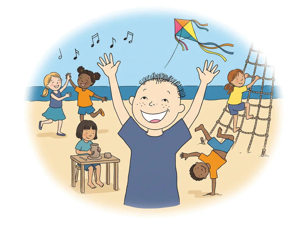 Gezeichnet: Der Junge aus dem Logo jubelt am Strand, um ihn herum tanzen, töpfern und klettern Kinder.