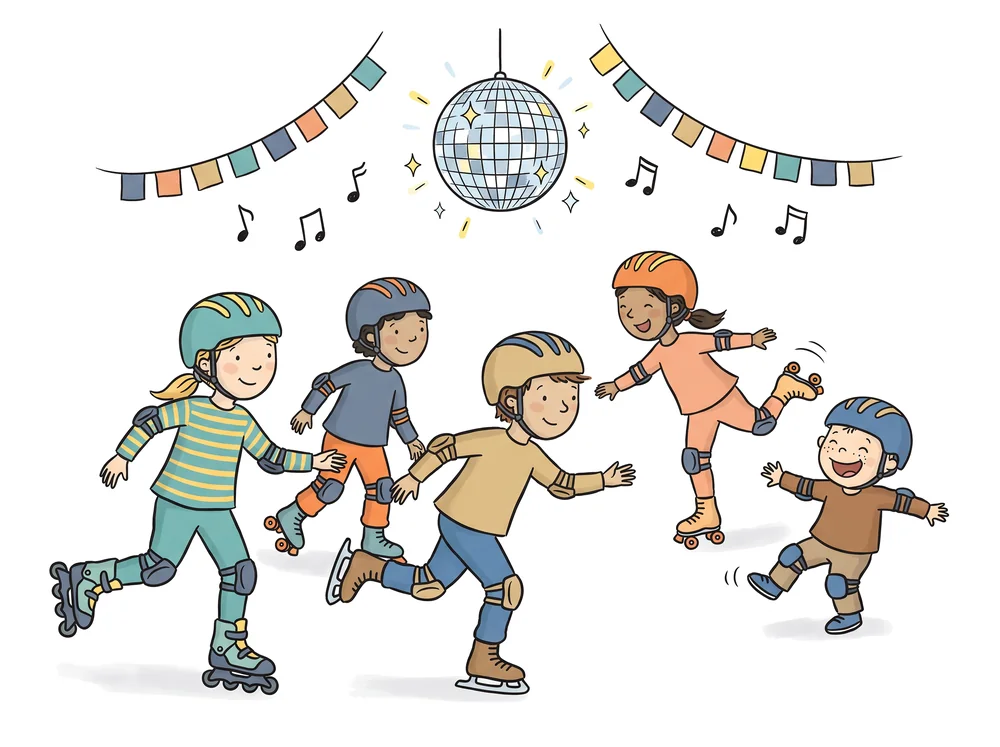 Gezeichnet: Kinder mit Helmen fahren Rollschuh unter einer Discokugel.