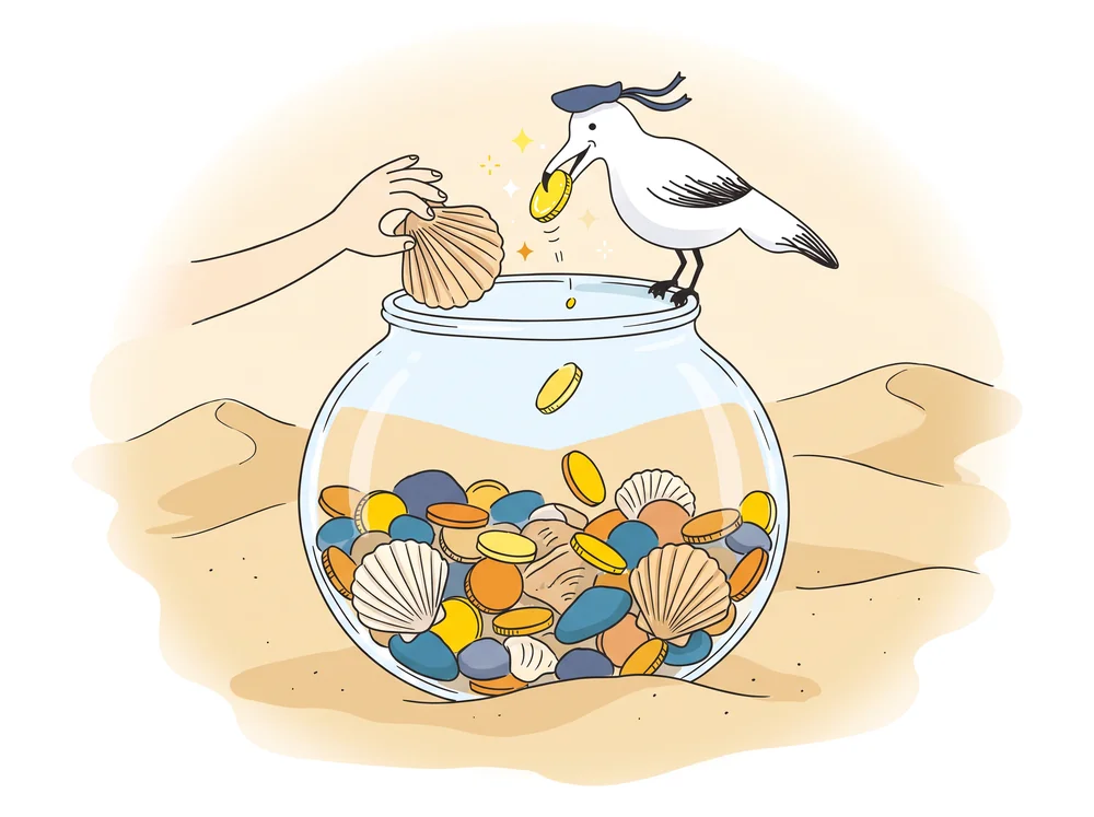 Gezeichnet: Die Möwe wirft eine Münze in ein Glas voller Münzen und Muscheln.