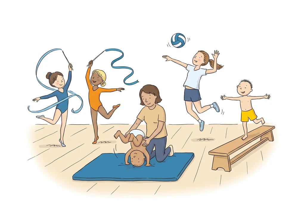Gezeichnet: Mädchen tanzen mit Bändern, ein Kleinkind macht eine Rolle, ein Mädchen springt zum Volleyball.