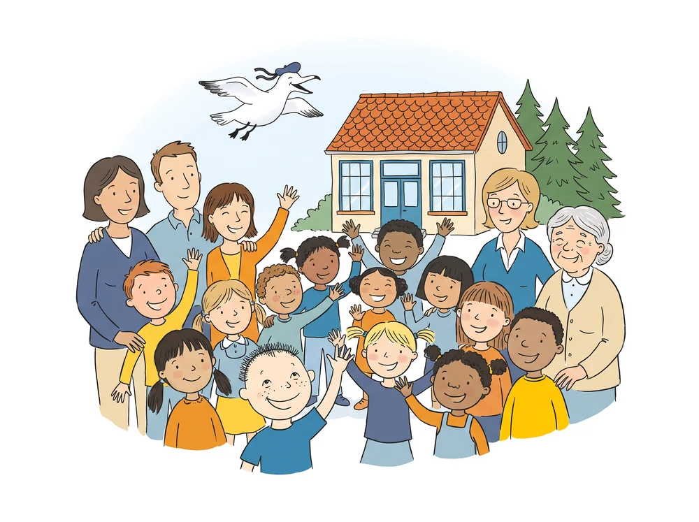 Gezeichnet: Kinder, Eltern, Lehrerinnen und eine Oma winken vor der Grundschule.